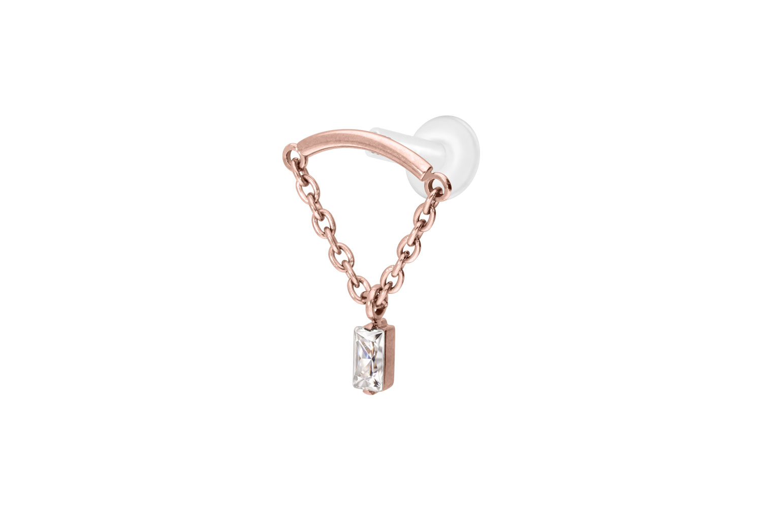PTFE Labret Piercing mit Innengewinde + Titan-Aufsatz BOGEN + KETTE + KRISTALLRECHTECK